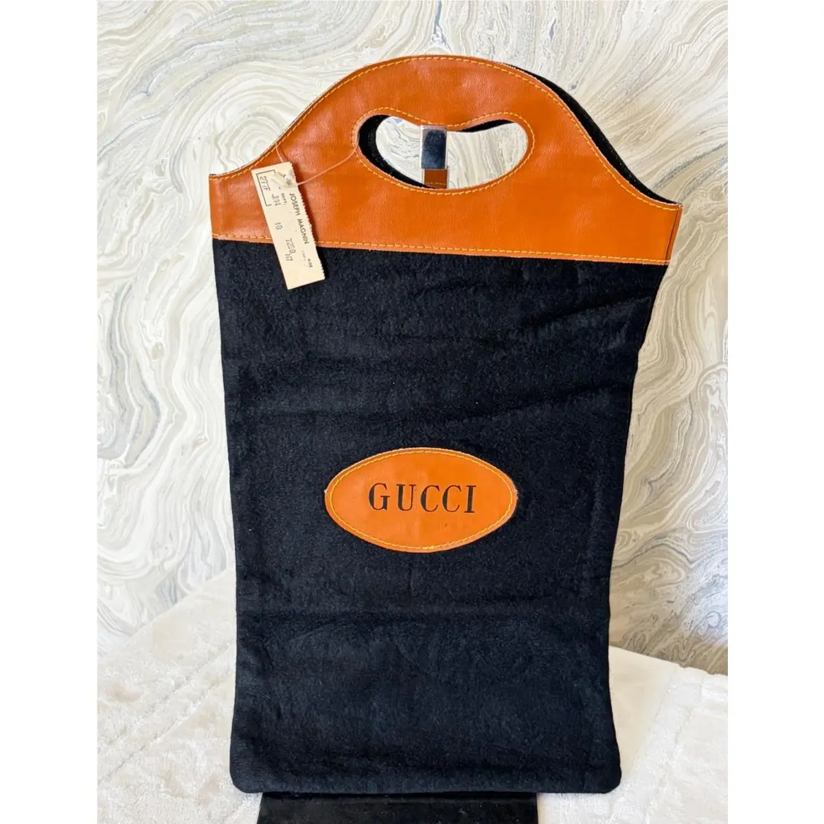 Gucci Black Wool Tan Leather Tote 1970`s Joseph Magnin Store Vintage Nos G218