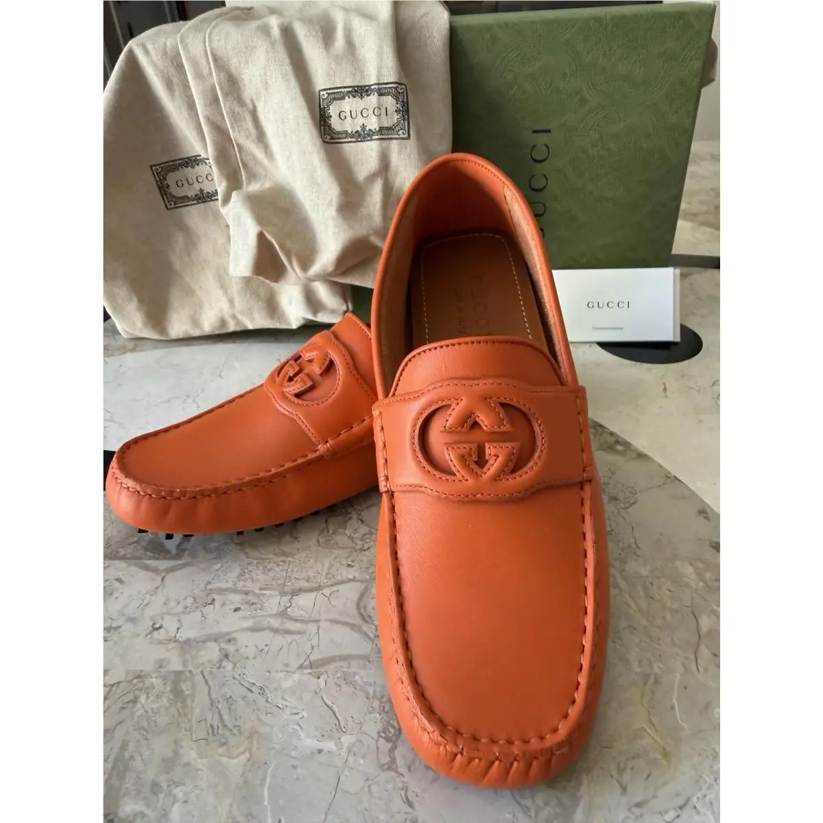 Gucci Orange Leather GG Logo Mprint Comfort Loafers Shoes Men`s UK 6 US 6.5