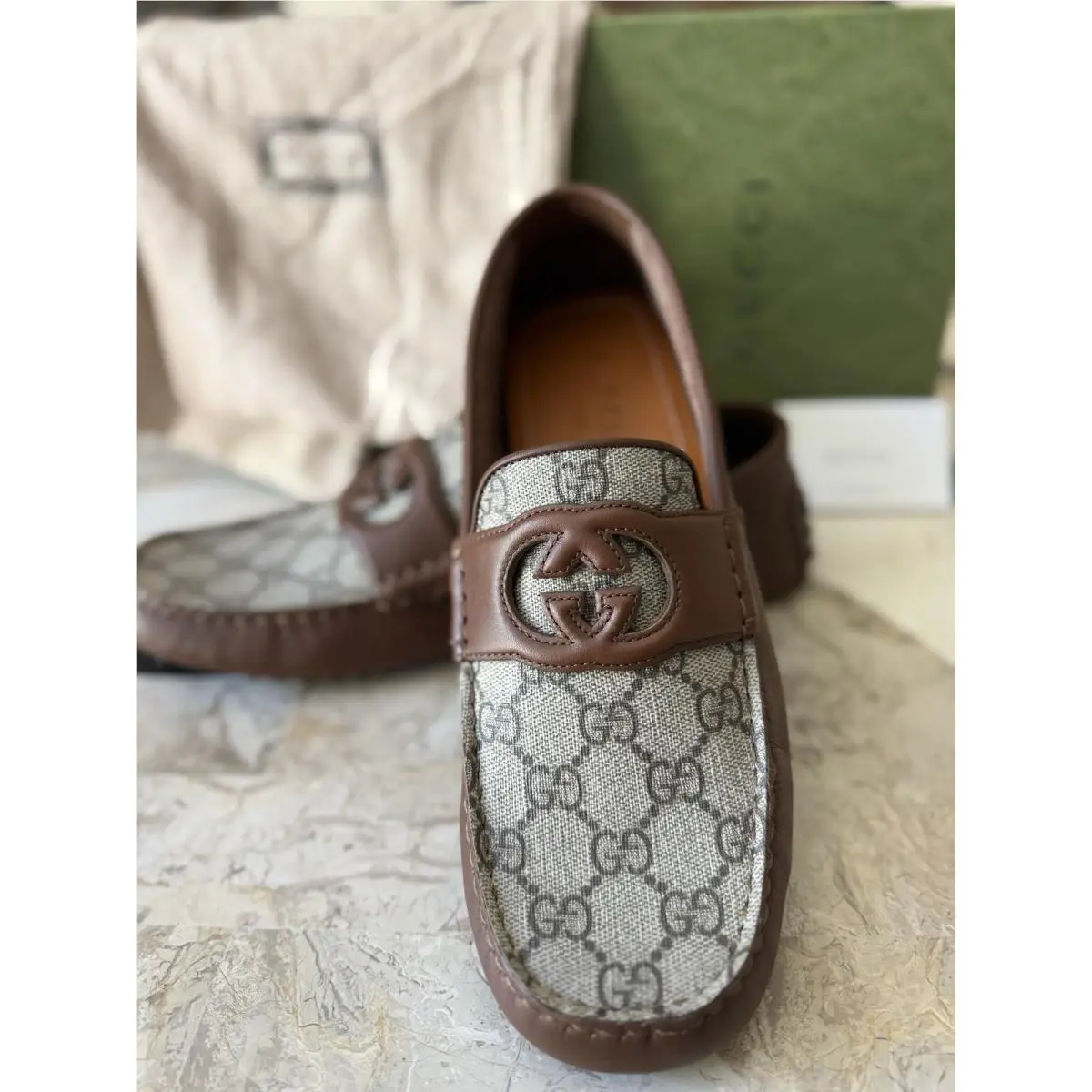 Gucci Brown Leather and GG Monogram Canvas Loafers Shoes Men`s UK 8.5 US 9