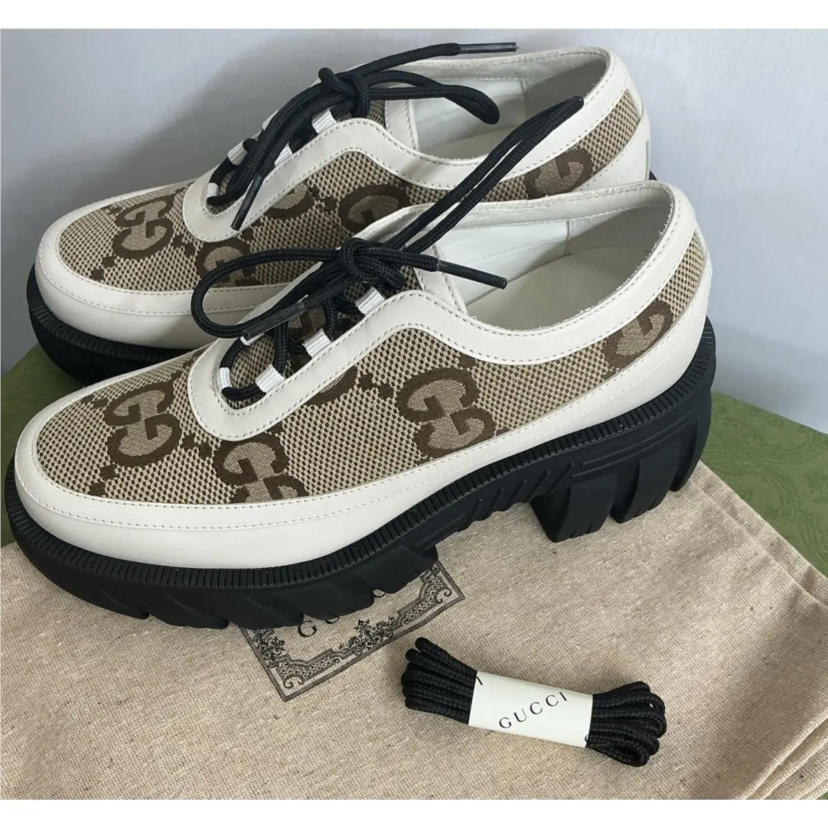 Woman GG Panel Monogram Lace up Shoes Brown and White Canvas Size 37 by Gucci