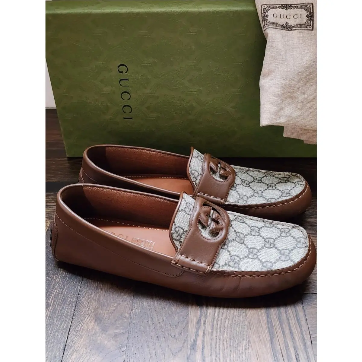 GG Interlocking Men Driver Loafers Brown Leather Shoes G 7.5/US 8 by Gucci