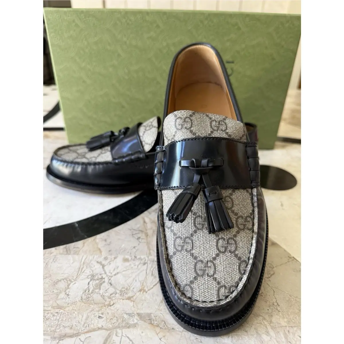 Black Leather and GG Monogram Canvas Loafers Shoes Men`s UK 7 US 7.5 by Gucci