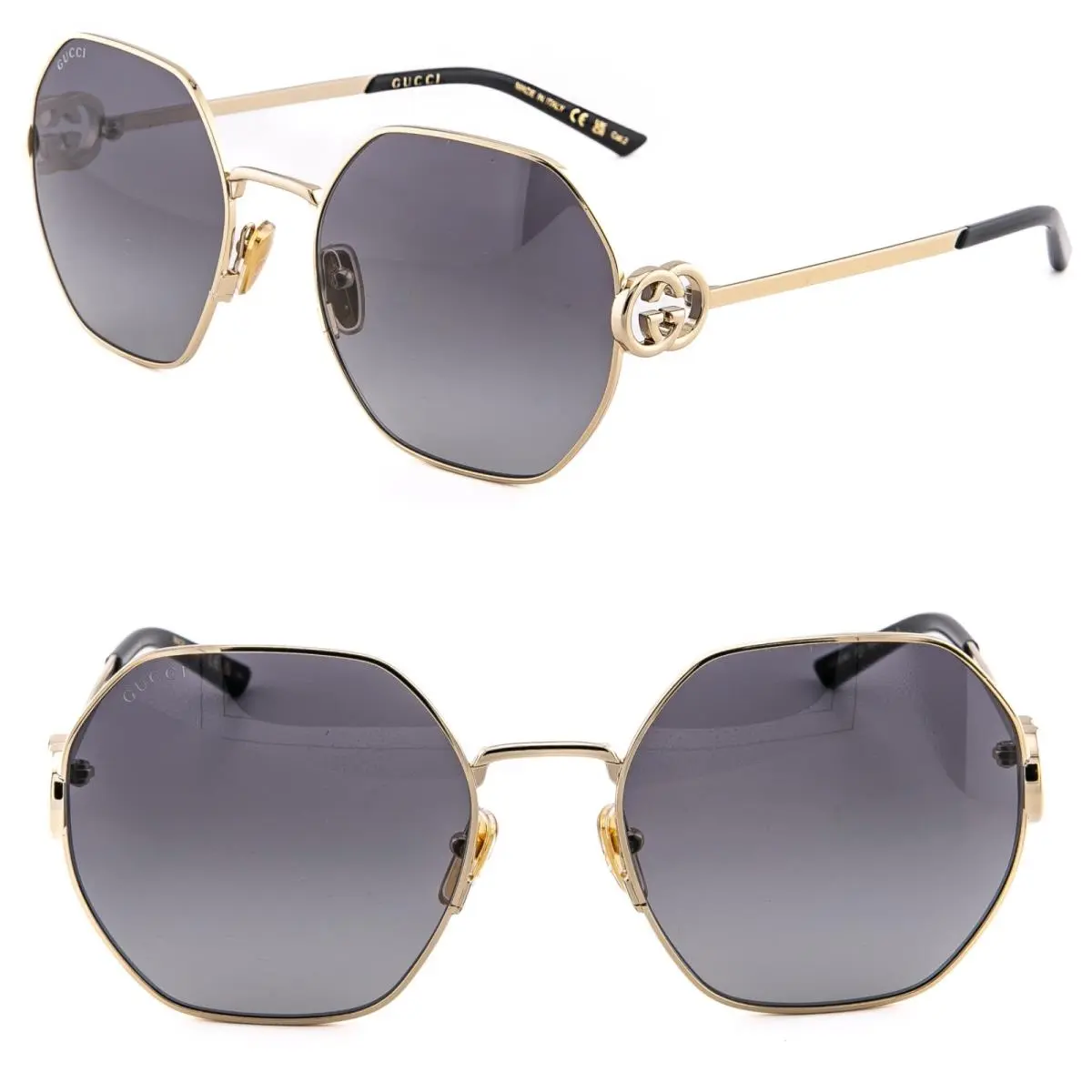 Gucci GG2046S Gold Gray 2046 GG Logo Geometric Metal Sunglasses 001