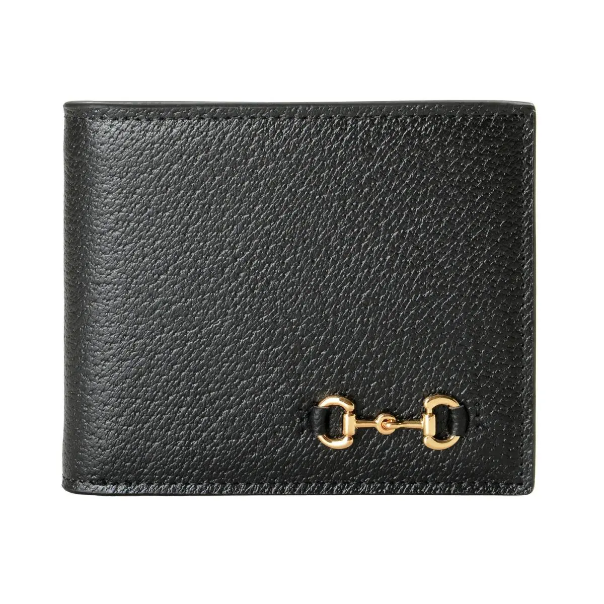Gucci Men`s Black Textured Leather Bifold Wallet with Gold Horsebit