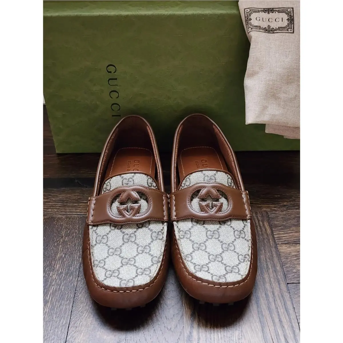 GG Interlocking Men Driver Loafers Brown Leather Shoes G 8.5/US 9 by Gucci