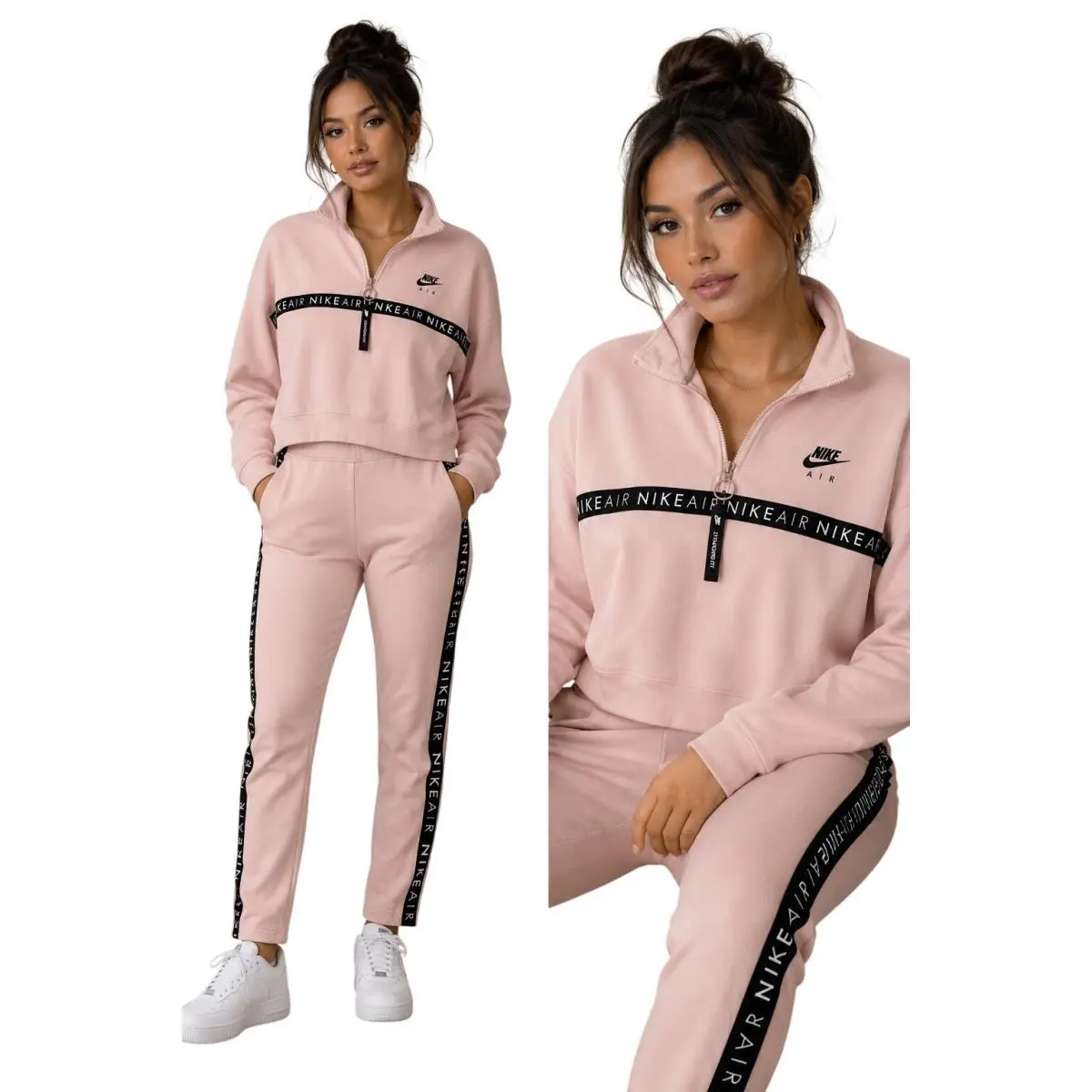 Nike Air Womens Pink Cropped Quarter Zip Sweatshirt Pants Set Athletic L