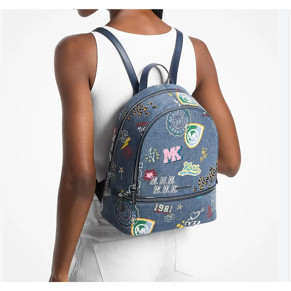 Michael Kors Rhea Medium Fashion School Travel Purse Zip Backpack Bag Denim Blue