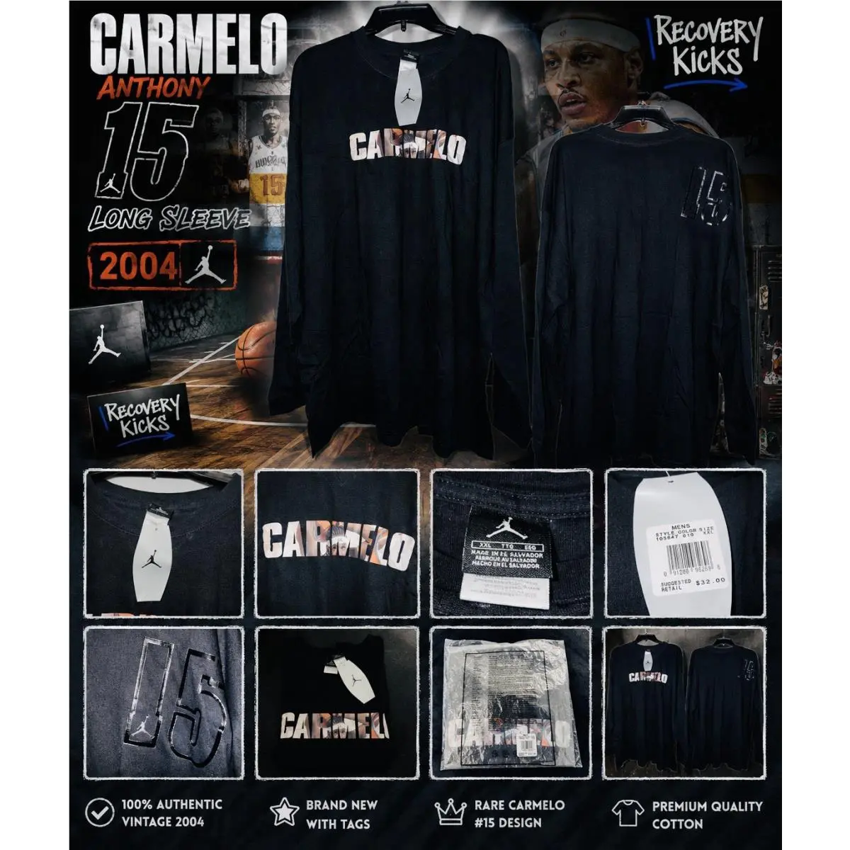 2004 Nike Jordan Carmelo Anthony 15 Long Sleeve Shirt Black Mens Vintage