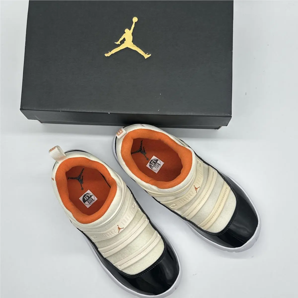 Jordan 11 Baby Athletic Slip On Sneakers Black White Orange Low Top Size 1.5y