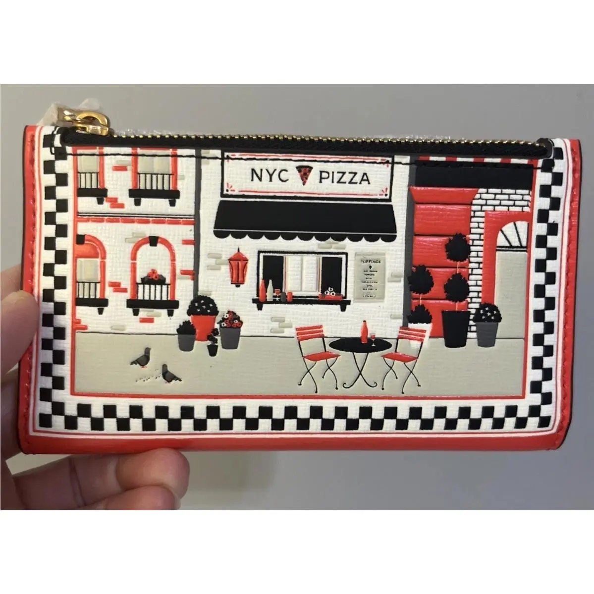 Kate Spade Slice Embossed Pizzeria Small Slim Bifold Wallet Bright Red