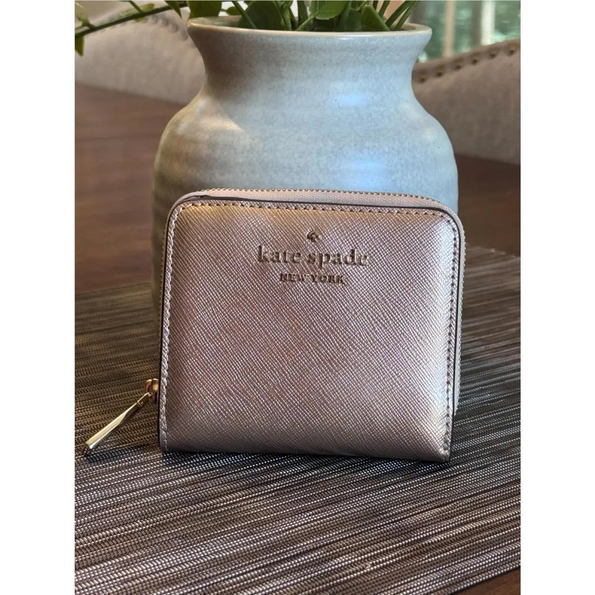 Kate Spade Staci Small Zip Around Leather Wallet Glittering Rose Metallic