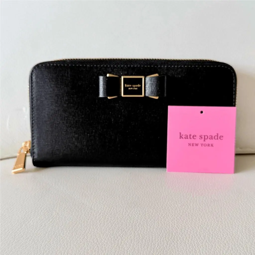 Kate Spade Black Leather Morgan Bow Embellished Zip Around Continental Walle