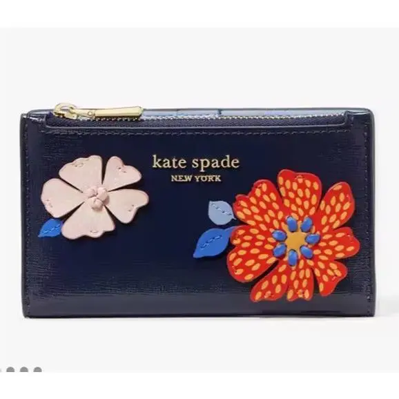 Kate Spade Dottie Bloom Flower Applique Small Slim Bifold Wallet Blue