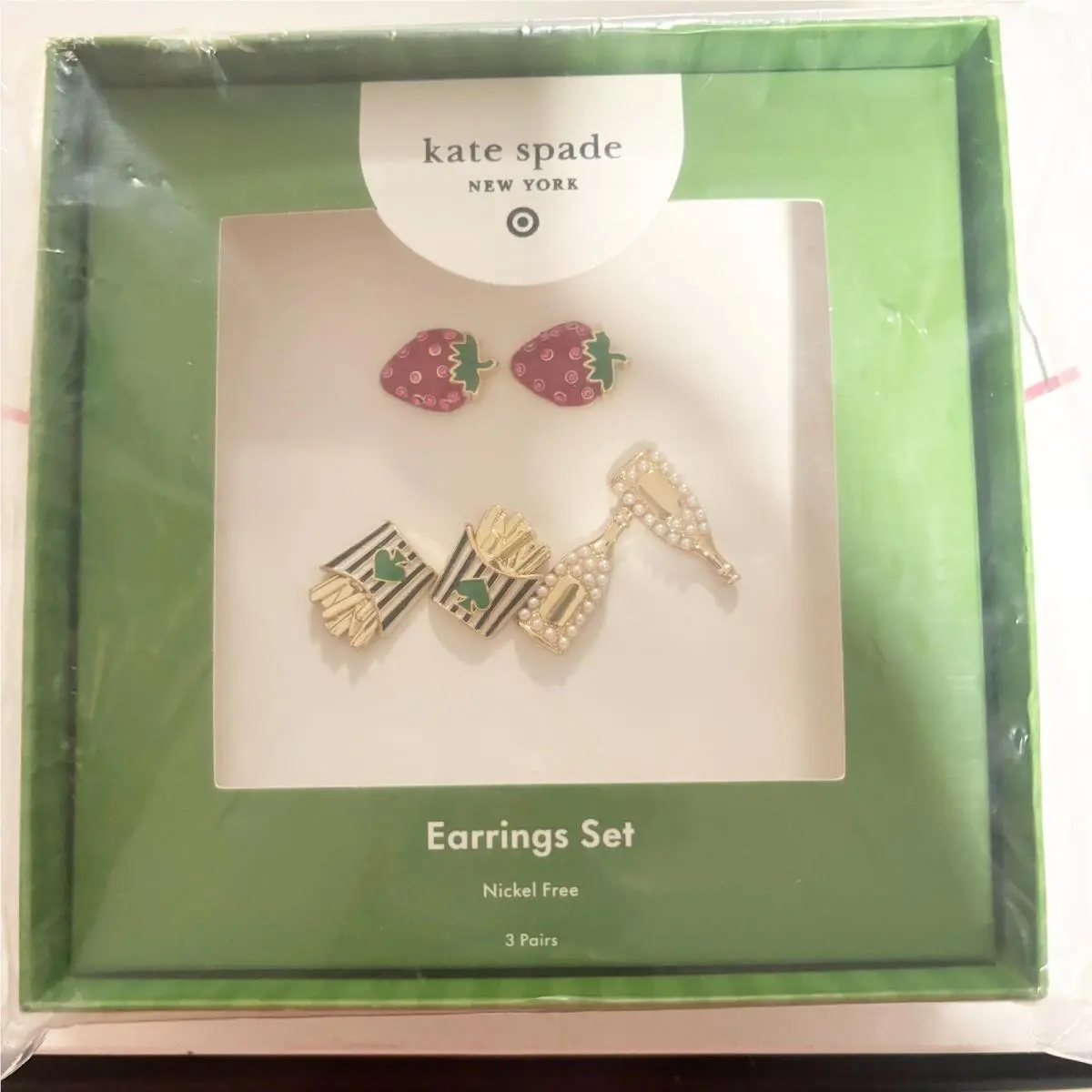 Kate Spade New York Earrings Set - Strawberries French Fries Champagne Bottle