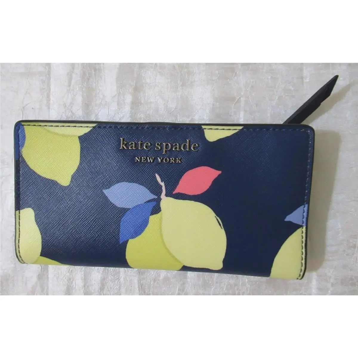 Kate Spade Lemon Print Continental Wallet Navy 7.5x3.5”