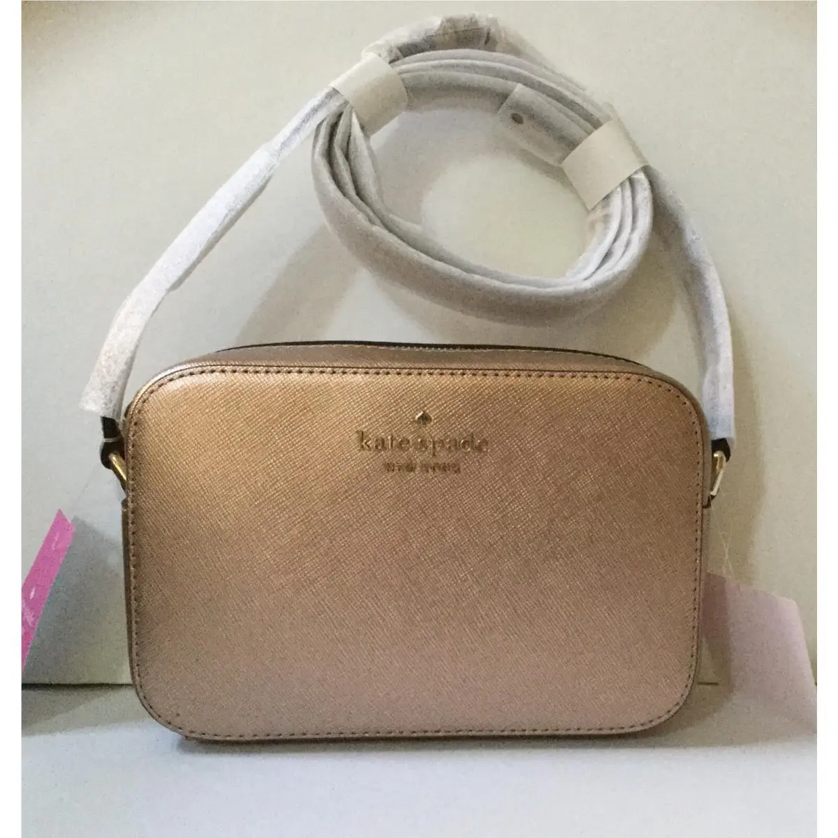 Kate Spade Staci Mini Camera Leather Crossbody Bag in Glittering Rose Gold