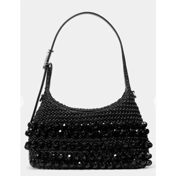 Kate Spade 454 Beaded Straw Mini Crossbody Satchel Shoulder Bag Black
