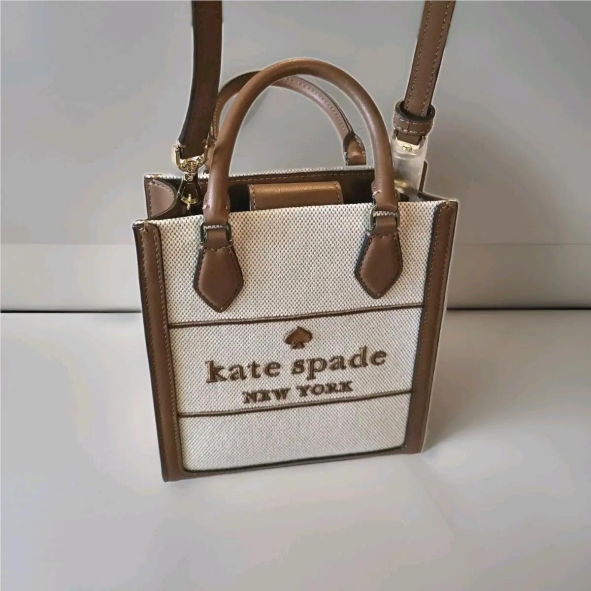 New York Ellie Canvas Mini Tote Crossbody Bag Brown Leather Trim by Kate Spade