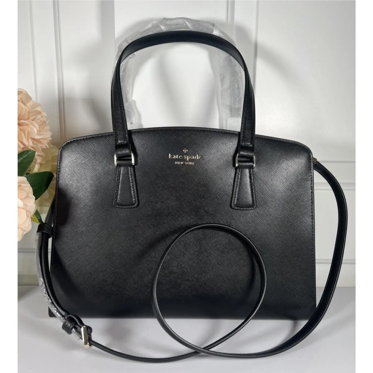 Kate Spade Saffiano Leather Medium Perry Satchel W/crossbody Strap-black
