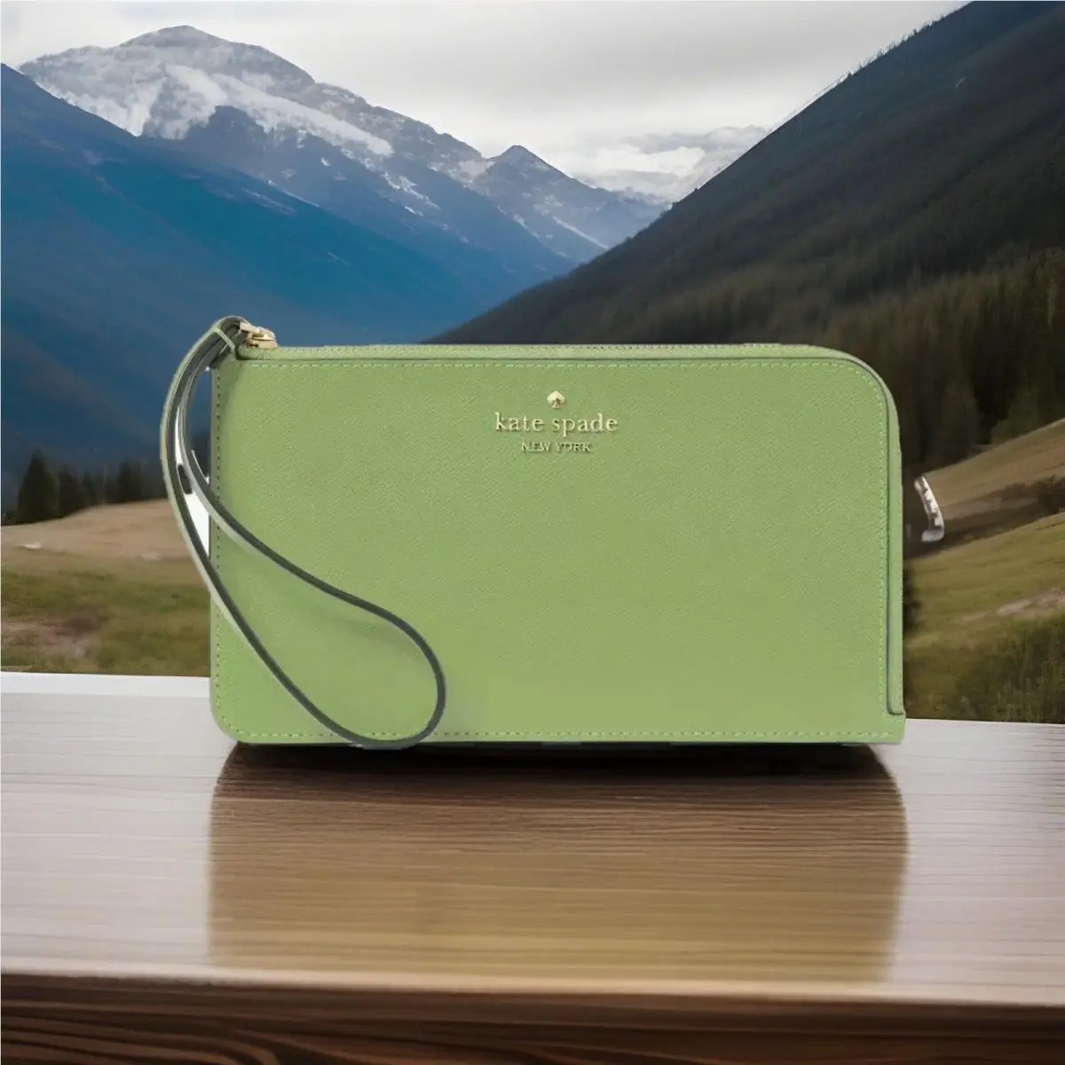 Kate Spade New York New Lucy Saffiano Leather Medium L-zip Wristlet Turtle Green