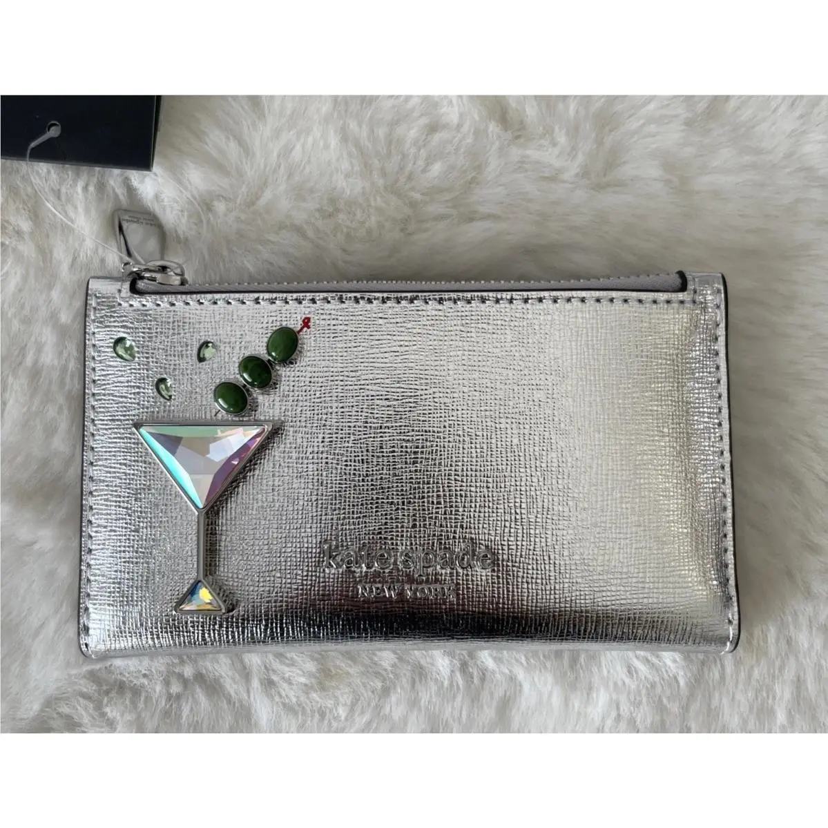 Kate Spade Shaken Not Stir Applique Small Slim Bifold Wallet Silver