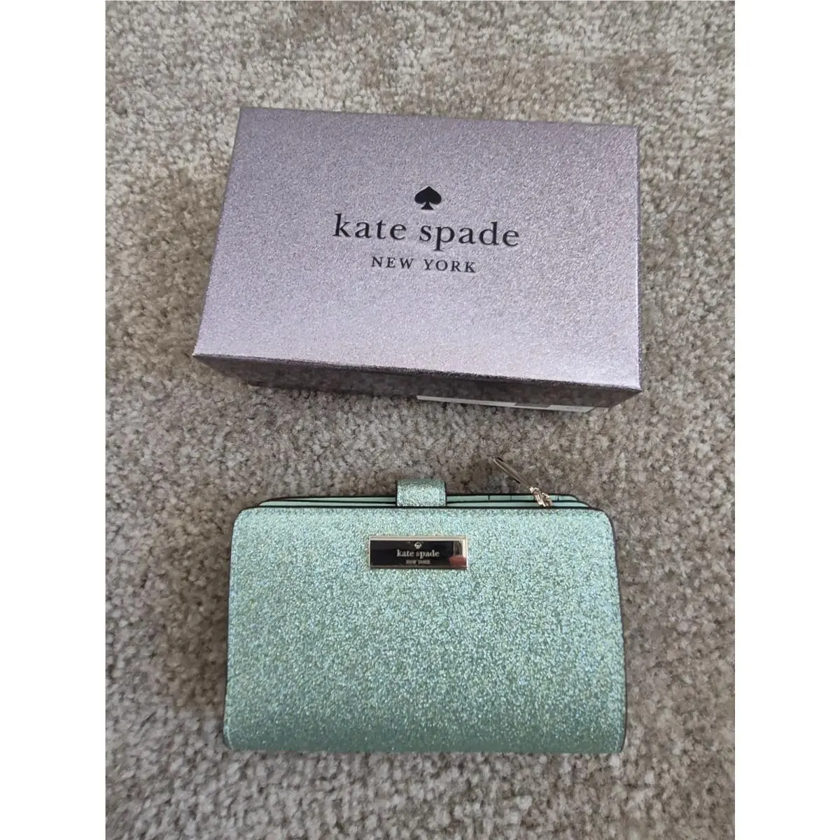 Wallet Kate Spade Folding Zipper Clutch Bifold Glitter Green Conpact
