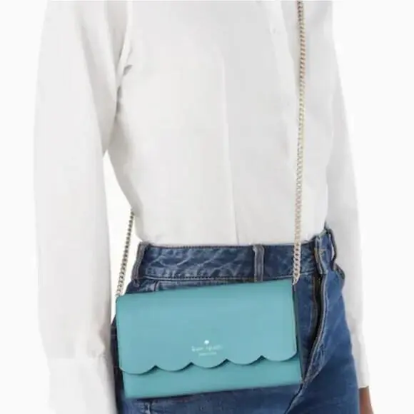 Kate Spade Gemma Scalloped Leather Wallet on Chain Crossbody Bag Stone Blue New