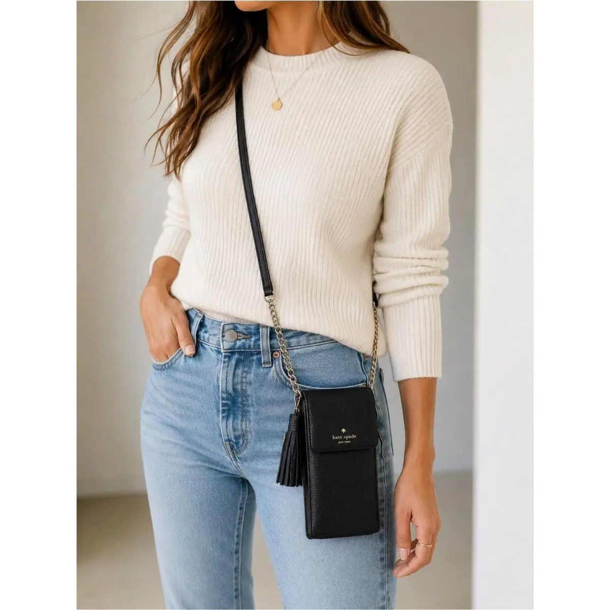 Kate Spade North South Pebbled Leather Phone Crossbody Black Tassel Travel