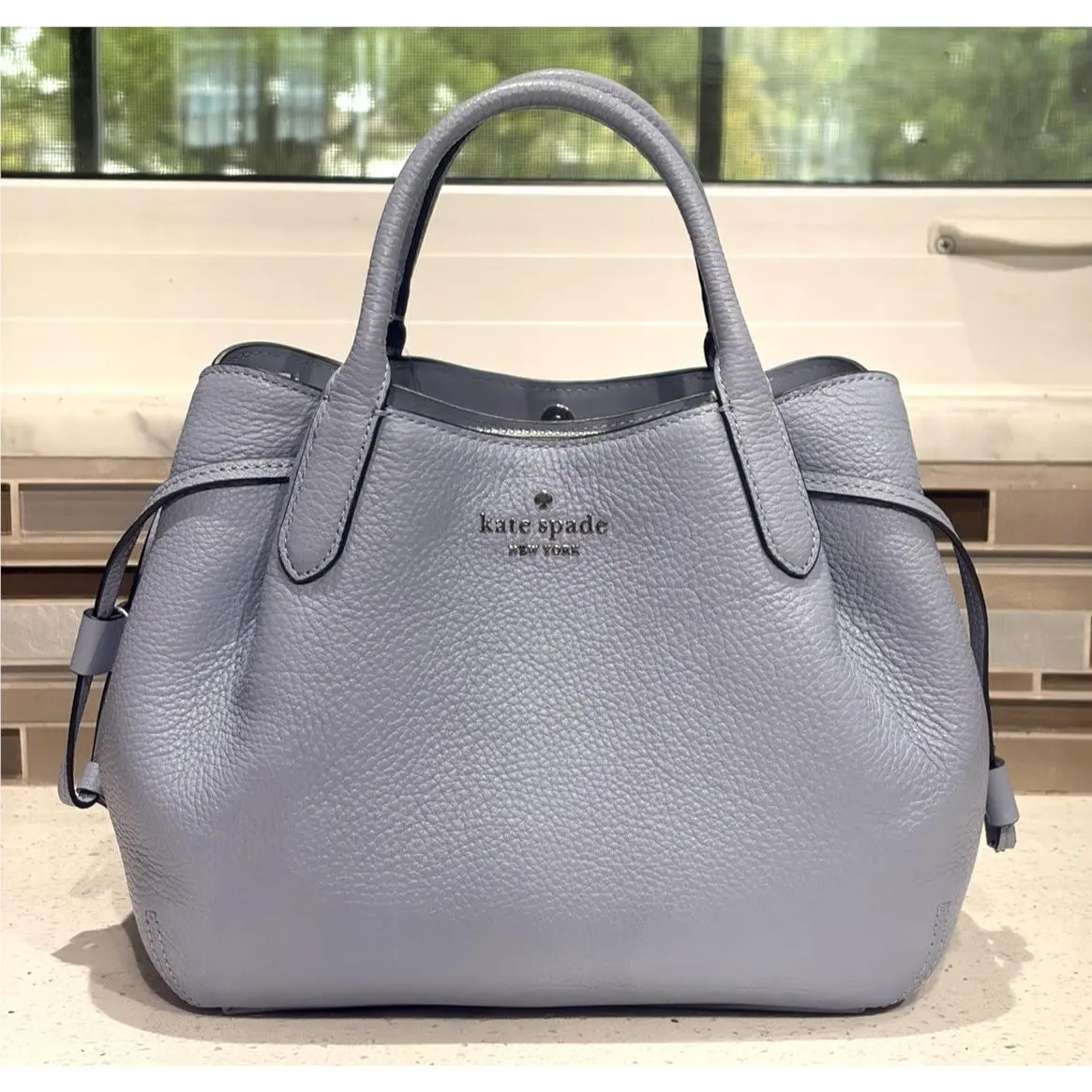 Kate Spade Dumpling Small Satchel Crossbody Bag Hobo Muted Blue Leather Silver