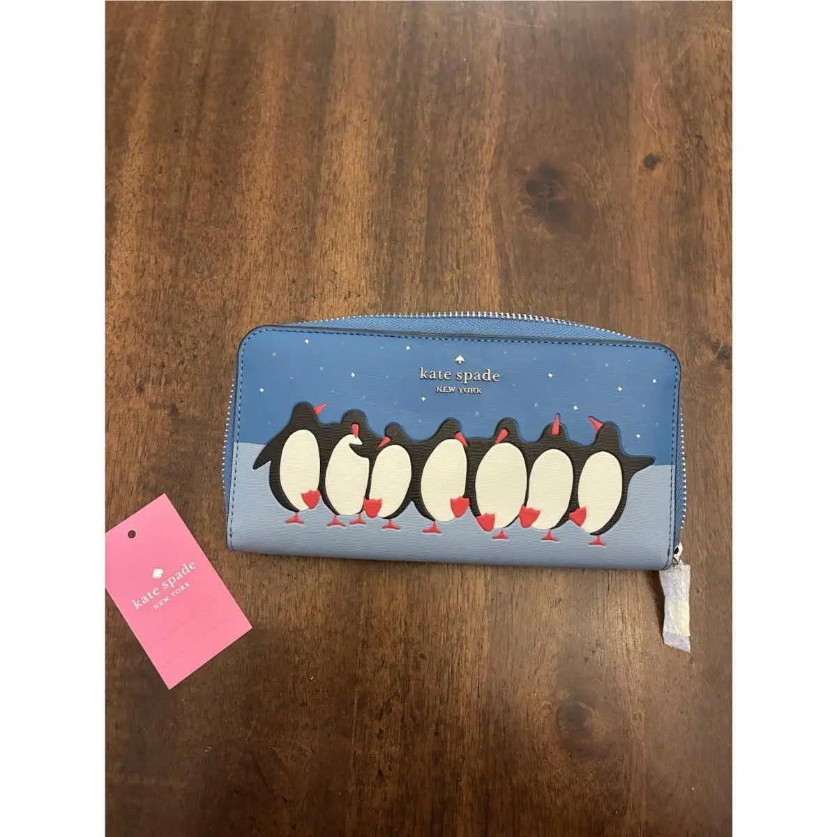 Kate Spade Arctic Friends Penguin Wallet Large Continental Blue Zipper New