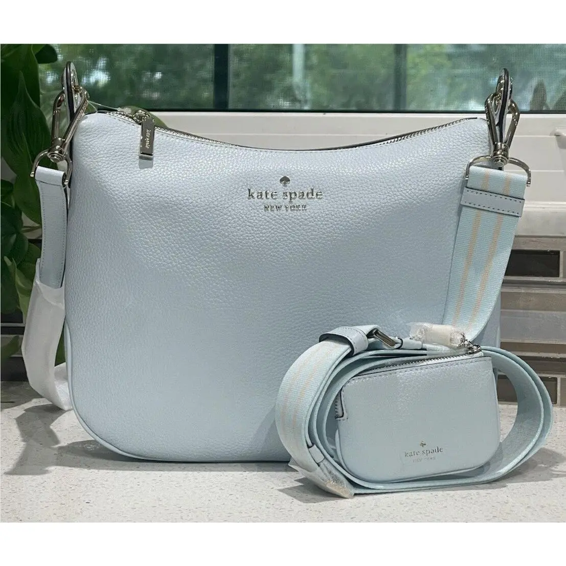 Kate Spade Rosie Larger Shoulder Bag Crossbody Coin Pouch LT Blue Leather Stripe