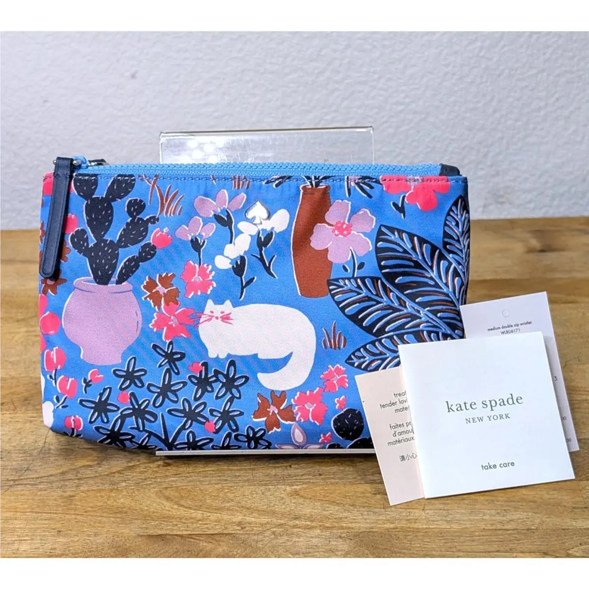Kate Spade New York Jae Garden White Cat Double Zip Blue Wristlet Wallet