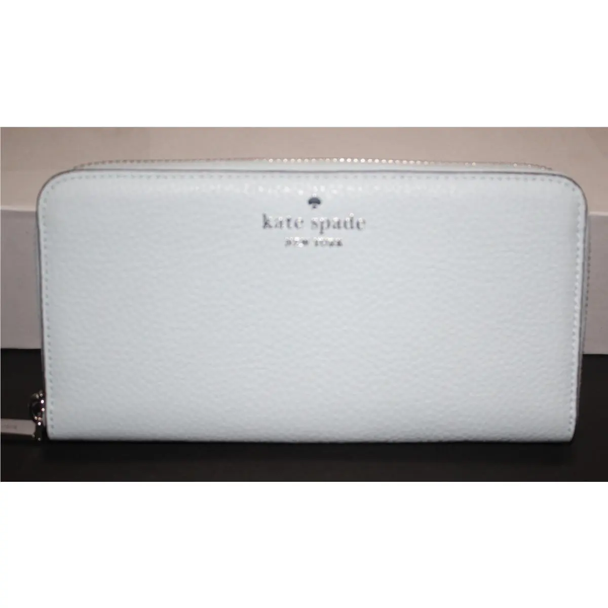 Kate Spade Large Pebbled Leather Zip Around Wallet in Crisp Sky-pockets Galore