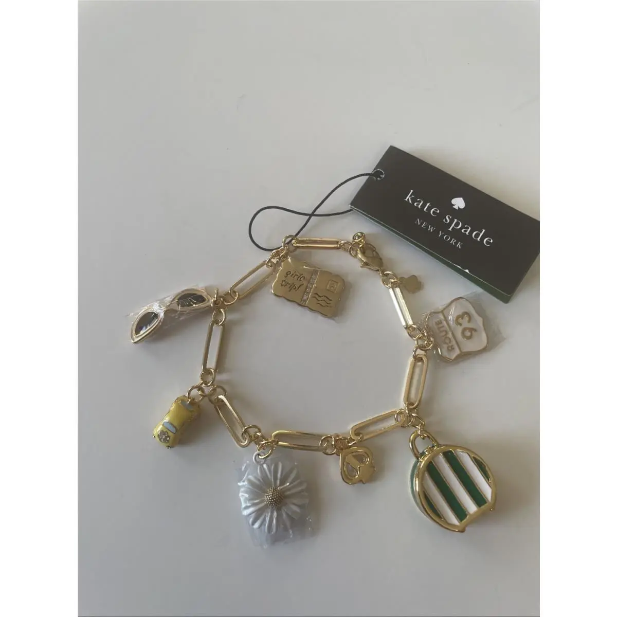 Kate Spade York Off We Go Charm Bracelet Gold Tone Paper Clip Link