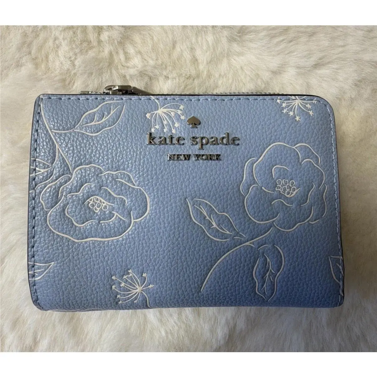Kate Spade Small L Zip Floral Embossed Leather Wallet Blue North Star