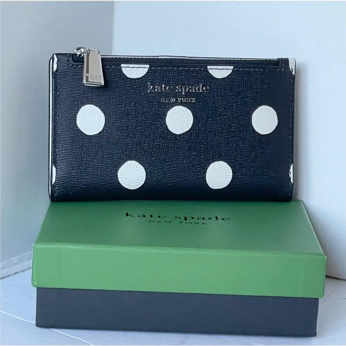 Kate Spade Morgan Slim Bifold Wallet Black Sunshine Dot Gift Box Compact