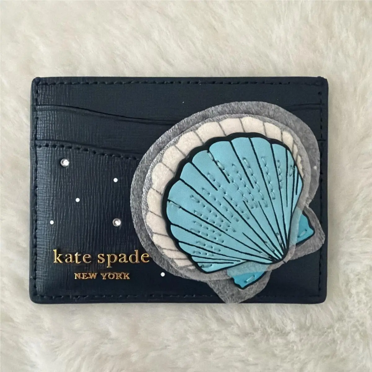 New Kate Spade What The Shell Embellished Saffiano Card Case Cardholder