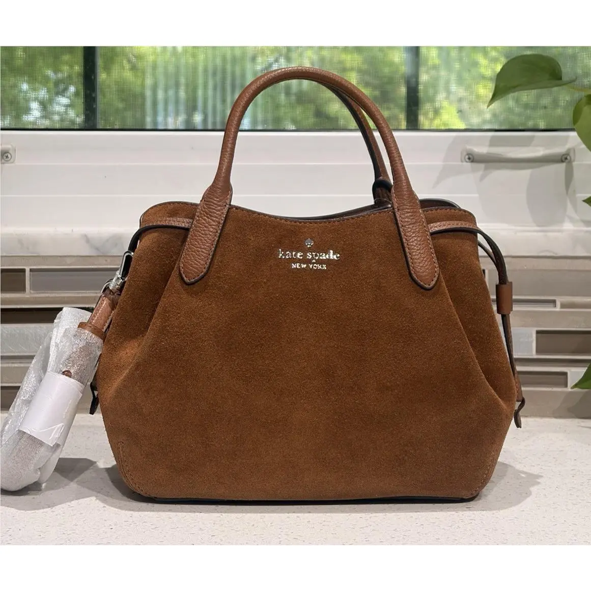 Kate Spade Dumpling Small Satchel Crossbody Bag Hobo Ginger Brown Suede Silver
