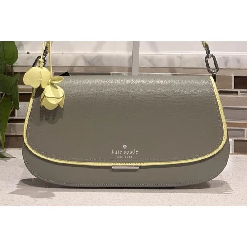Kate Spade Quinn Medium Flap Chain Shoulder Bag Clutch Green Leather Silver
