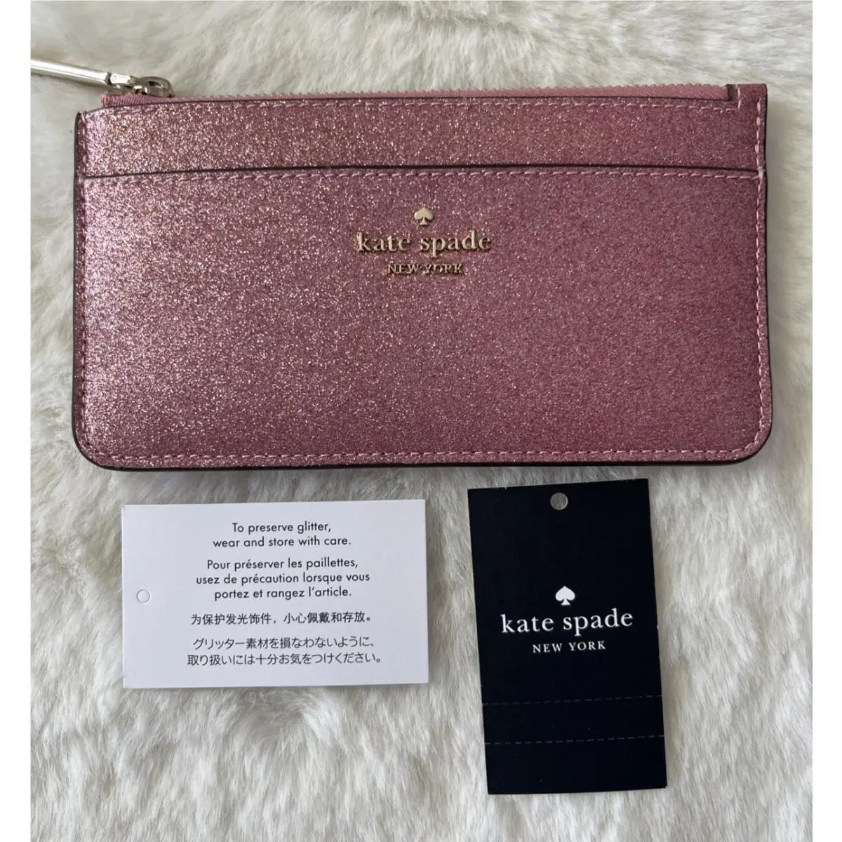 Kate Spade Glimmer Glitter Fabric Boxed Large Slim Cardholder Mitten Pink