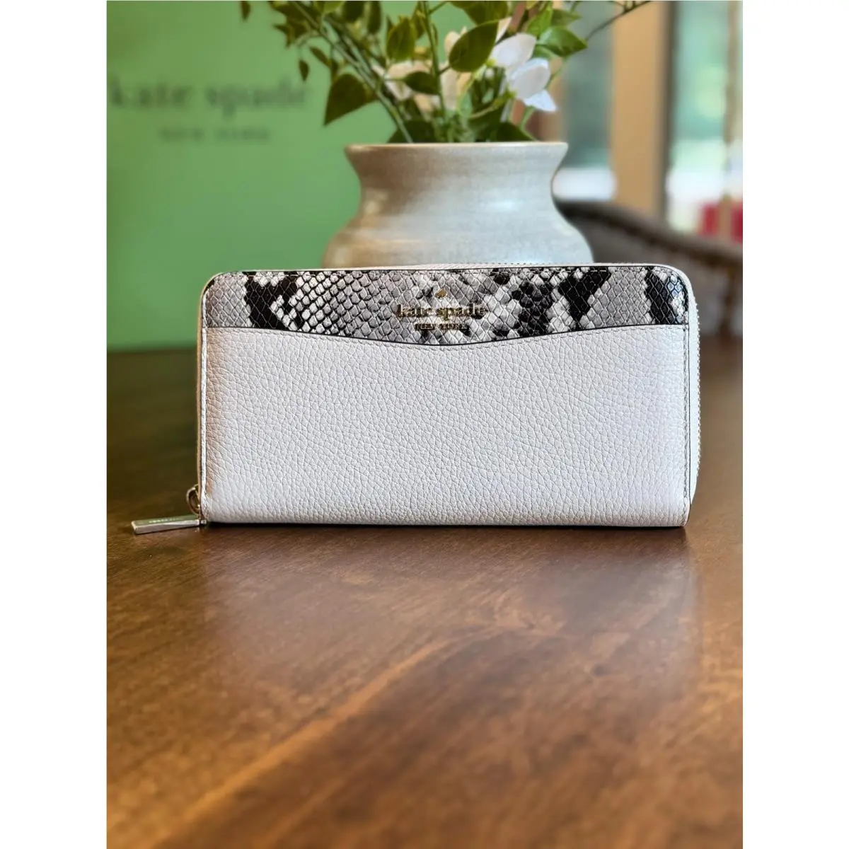 Kate Spade Leila Large Continental Leather Wallet Parchment Snake Print