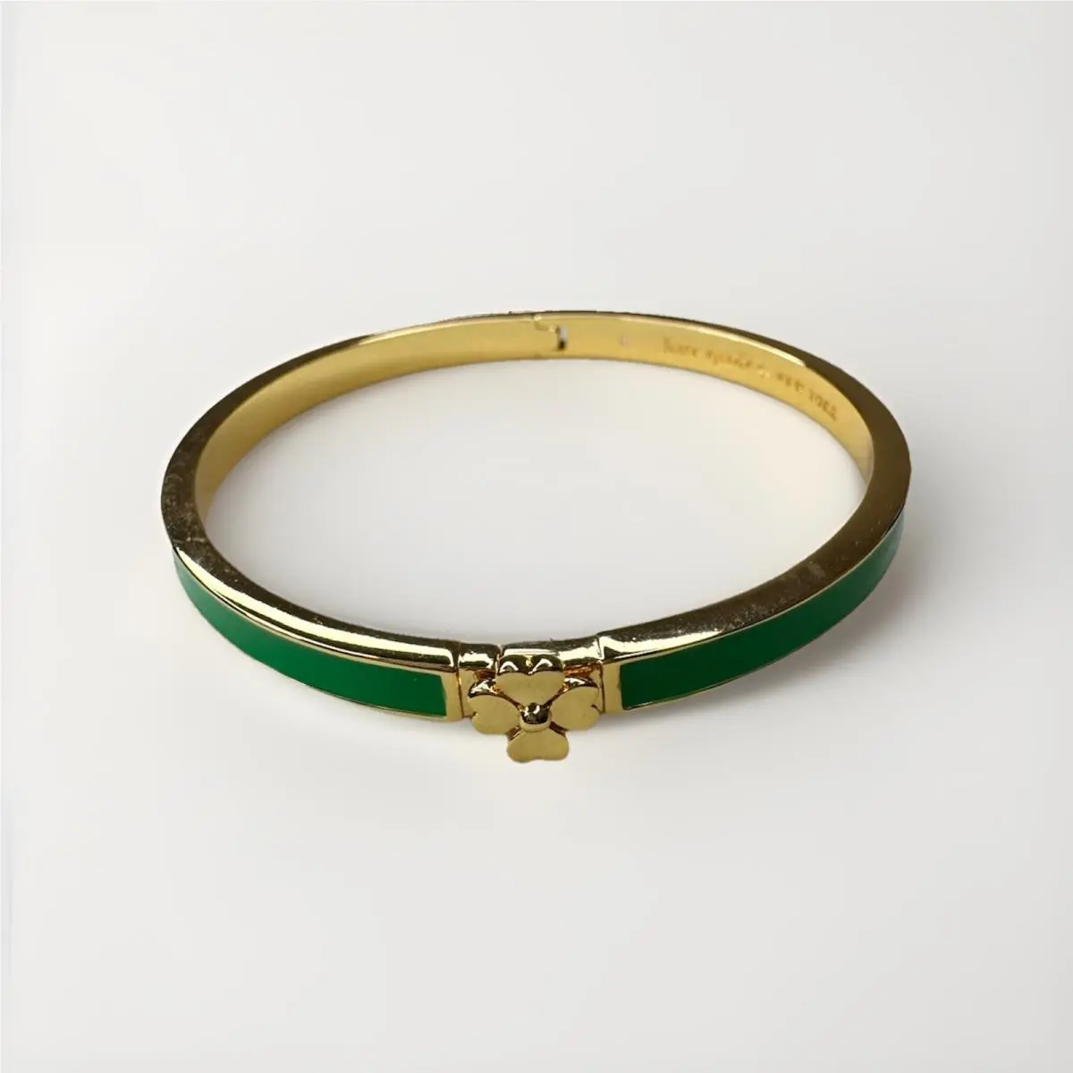 New Kate Spade New York Clover Green Gold Hinged Bangle 7 Inch Gold Clasp