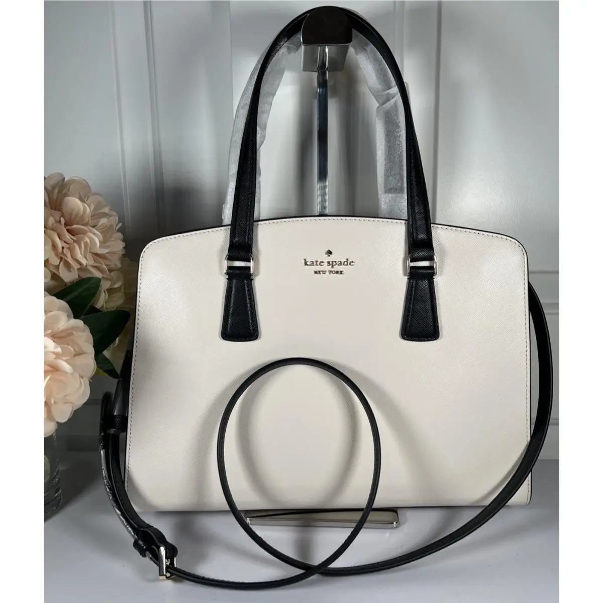 Kate Spade Leather Medium Perry Satchel W/crossbody Strap-black/beige/cream