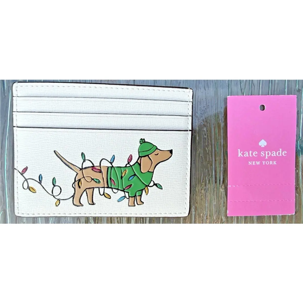 Kate Spade Dachshund Holiday Christmas Lights K9319 Claude Slim Cardholder New