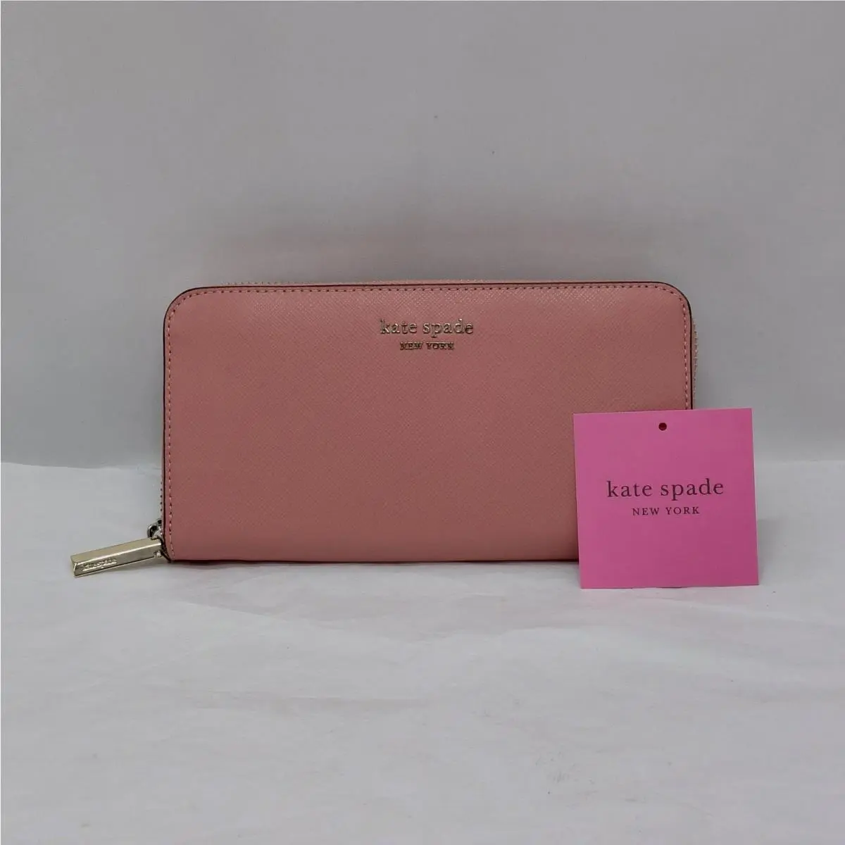 Kate Spade Womens Saffiano Leather Wallet Pink Zip Travel Minimalist Classic