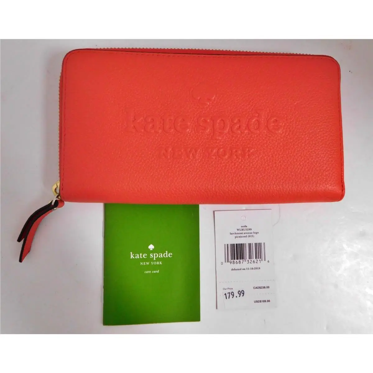 Kate Spade Neda Larchmont Avenue Pebble Leather Embossed Logo Picnic Red Wallet