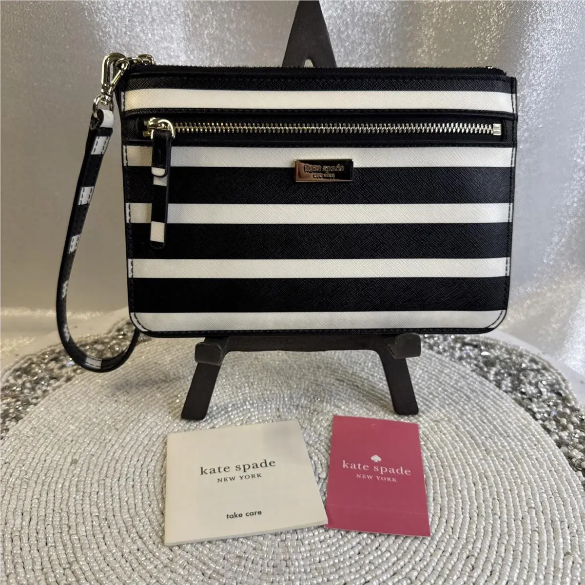 Kate Spade Shore Street Sailing Stripe Tinie Black White Wristlet Wallet