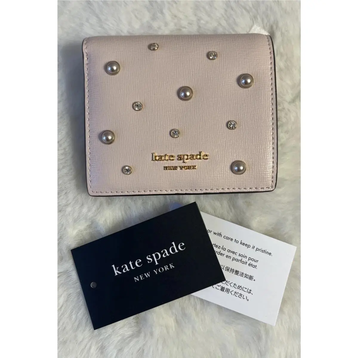 Kate Spade Purl Artificial Pearl Embellished Saffiano Leather Bifold Wallet Pink