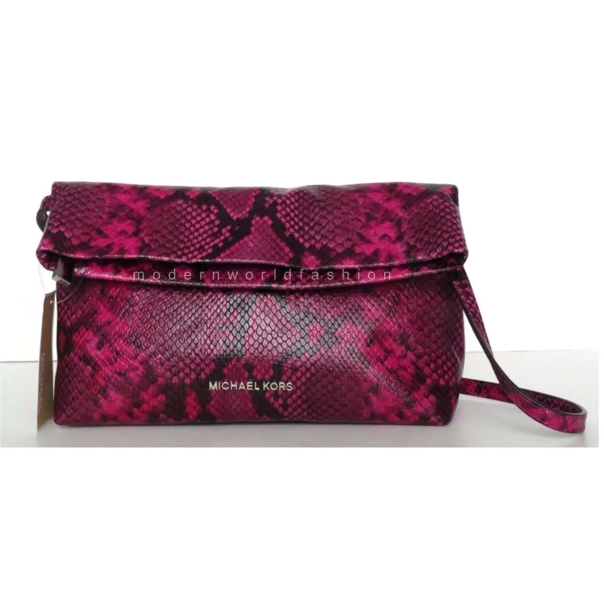 Michael Kors Daria Fold Over Embossed Leather Clutch Bag Fuchsia
