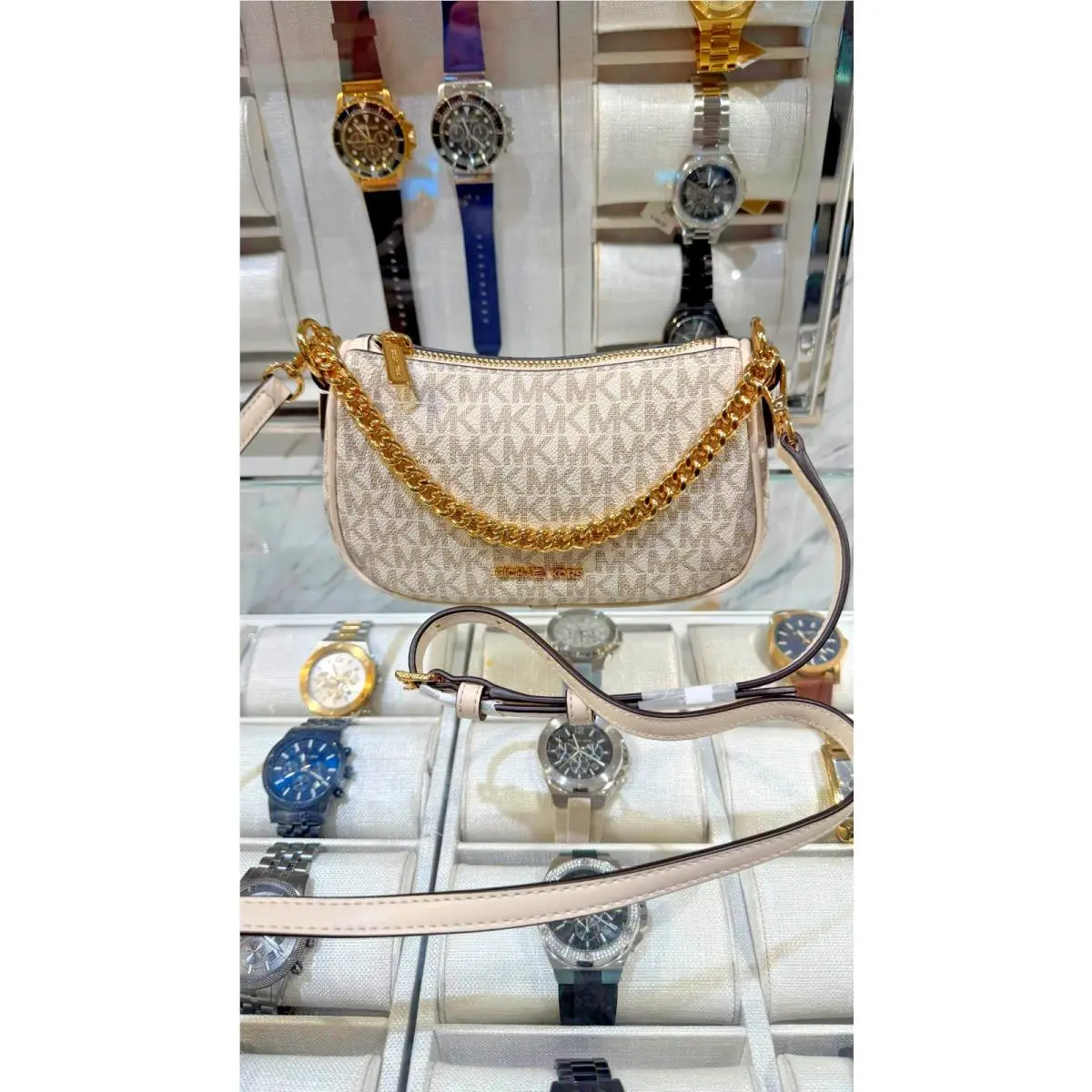 Michael Kors Carmela Women Small MK Logo Pouchette Crossbody Purse Bag Handbag